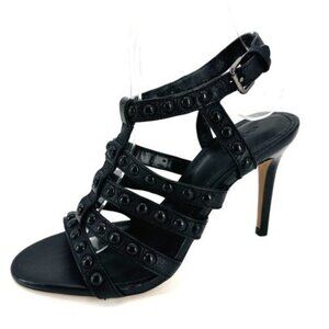 Coach Black Leather Open Toe Studded Strappy Ankle Strap Stacked Heel 6.5 Heels